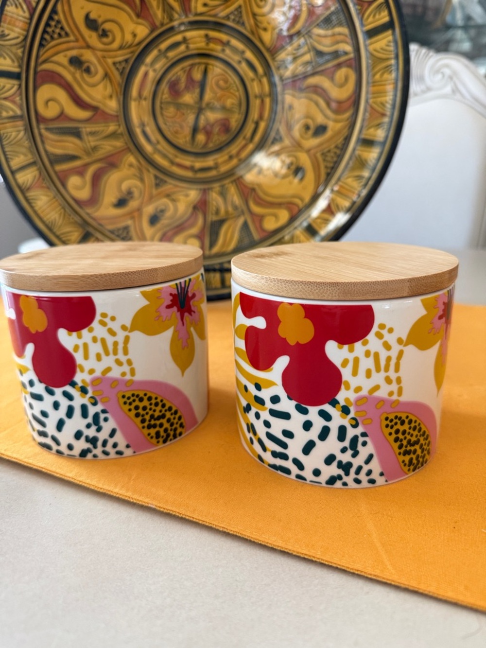 Ceramic Storage Jar with Bamboo Lid - Yellow & Red Leaf Design - Picture 11 of 13